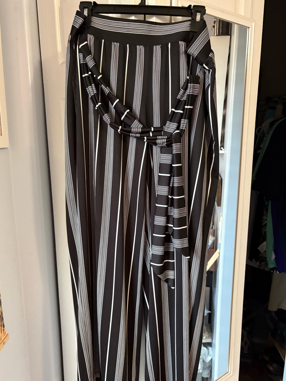 Cato Black & White Vertical Stripe Tie-Waist Pants